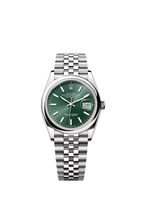 "Rolex Datejust 36 in Stainless Steel with mint green dial and Jubilee bracelet."