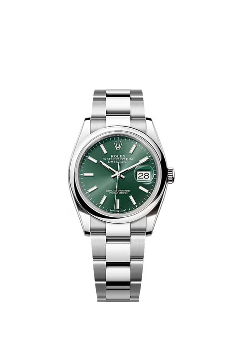 "Rolex Datejust 36 in Stainless Steel with mint green dial and Oyster bracelet."