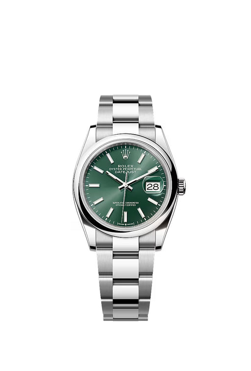 "Rolex Datejust 36 in Stainless Steel with mint green dial and Oyster bracelet."