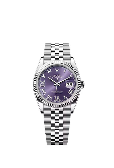 Rolex Datejust 126234 with aubergine dial set with diamonds, stainless steel and white gold case, and Jubilee bracelet.