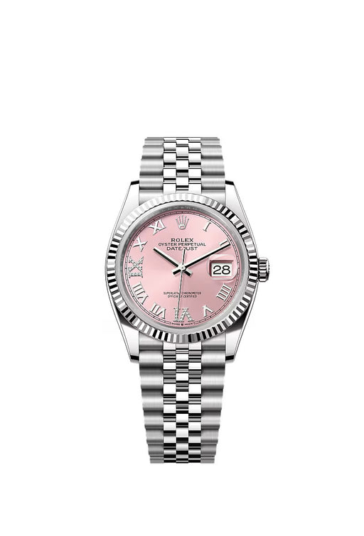Rolex Datejust 126234 with pink diamond-set dial, 36mm white gold and stainless steel case, and Jubilee bracelet.