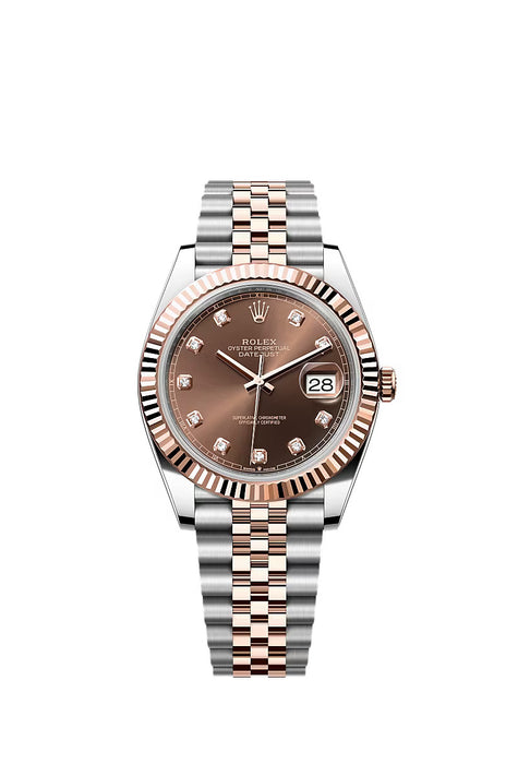 "Rolex Datejust 41 in Stainless Steel & Everose Gold with chocolate diamond dial and Jubilee bracelet."