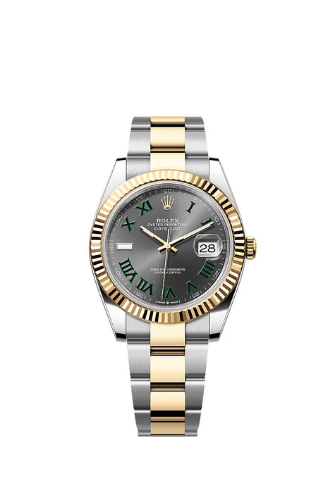 Rolex Datejust 126333 featuring a slate dial, yellow gold and stainless steel case, and Oyster bracelet.