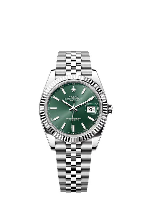Rolex Datejust 126334 with mint green dial, stainless steel and white gold case, and Jubilee bracelet.