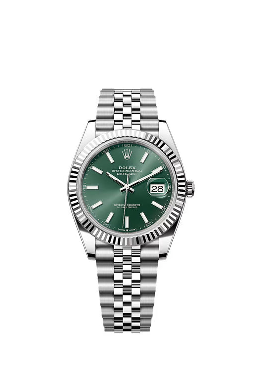 Rolex Datejust 126334 with mint green dial, stainless steel and white gold case, and Jubilee bracelet.