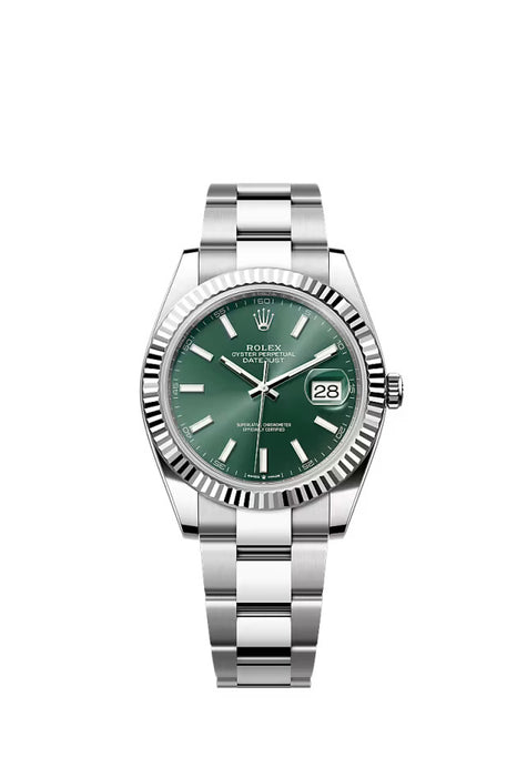 Rolex Datejust 126334 with mint green dial and 41mm stainless steel and white gold case.
