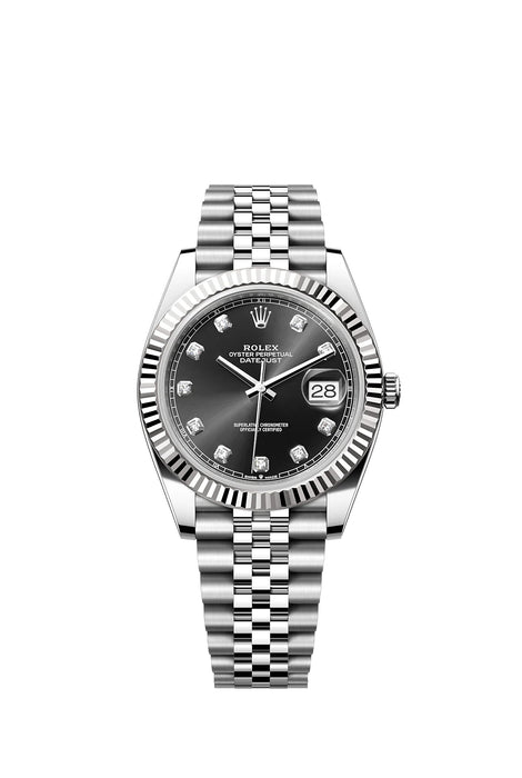 Rolex Datejust 41 126334 in stainless steel and white gold with a bright black diamond-set dial and Oyster bracelet.