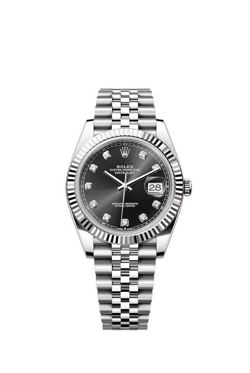 Rolex Datejust 41 126334 in stainless steel and white gold with a bright black diamond-set dial and Oyster bracelet.