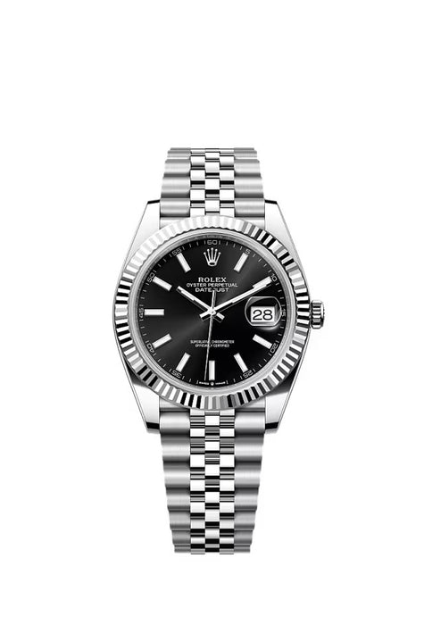 Rolex Datejust 126334 featuring a bright black dial, white gold and stainless steel case, and Jubilee bracelet.