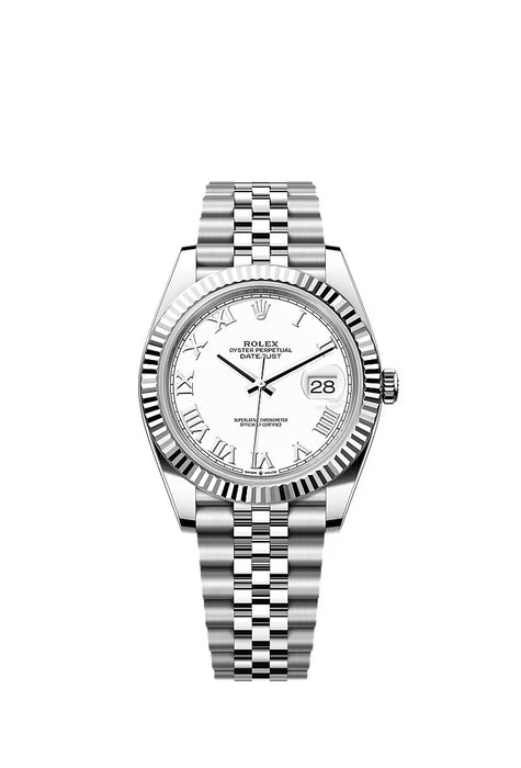 Rolex Datejust 126334 featuring a white dial, white gold and stainless steel case, and Jubilee bracelet.