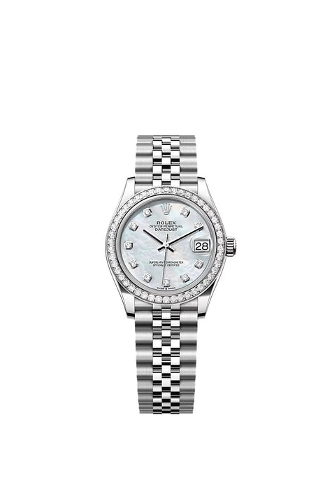 "Rolex Datejust 31 Ref. 278384RBR in White Gold & Stainless Steel with mother-of-pearl diamond dial and Jubilee bracelet."