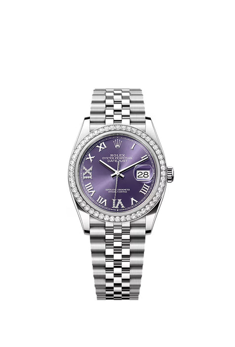 "Rolex Datejust 36 Ref. 126284RBR in White Gold & Stainless Steel with aubergine diamond-set dial and Jubilee bracelet."