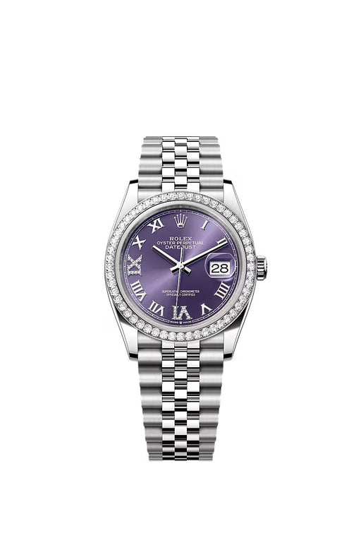 "Rolex Datejust 36 Ref. 126284RBR in White Gold & Stainless Steel with aubergine diamond-set dial and Jubilee bracelet."