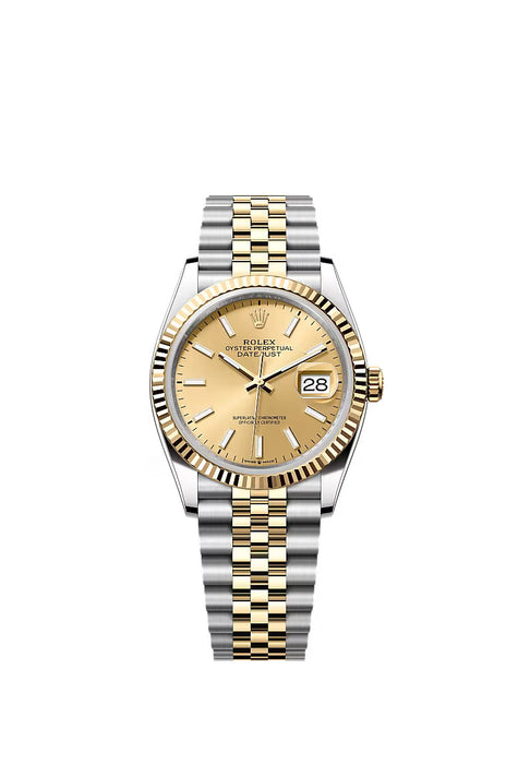 Rolex Datejust 36 in Oystersteel and yellow gold with champagne-colour dial, fluted bezel, and Jubilee bracelet.