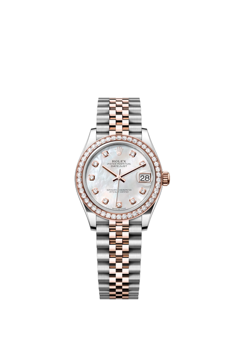 Rolex Datejust 278381RBR 31mm Everose gold and stainless steel watch with white mother-of-pearl diamond dial and Jubilee bracelet