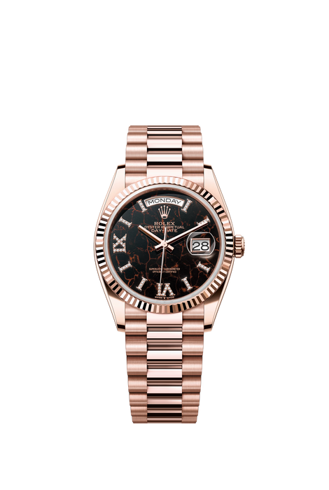 Rolex Day-Date 128235 36mm Everose Gold with Eisenkiesel diamond dial and fluted bezel