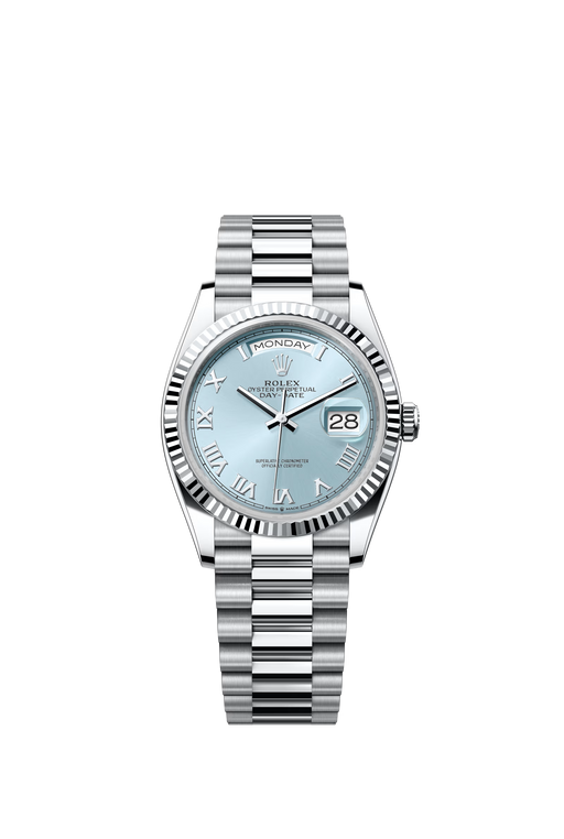 Rolex Day-Date 128236 36mm platinum watch with ice-blue dial and President bracelet