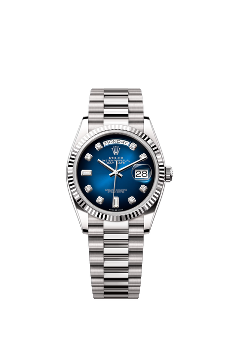 Rolex Day-Date 128239 36mm White Gold with Blue Ombré diamond dial and fluted bezel