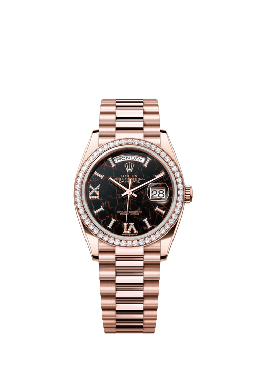 Rolex Day-Date 128345RBR 36mm Everose gold watch with Eisenkiesel diamond dial and President bracelet