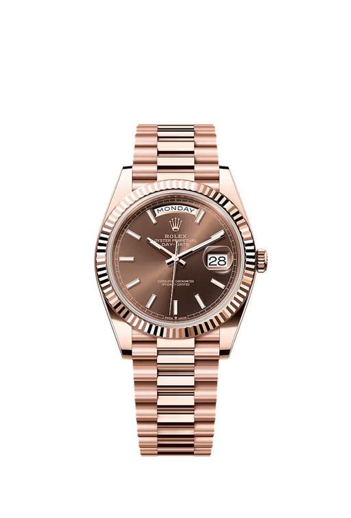 "Rolex Day-Date 40 in Everose gold with chocolate dial and President bracelet."