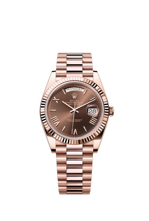 Rolex Day-Date 228235 Everose gold 40mm watch with chocolate Roman dial and President bracelet
