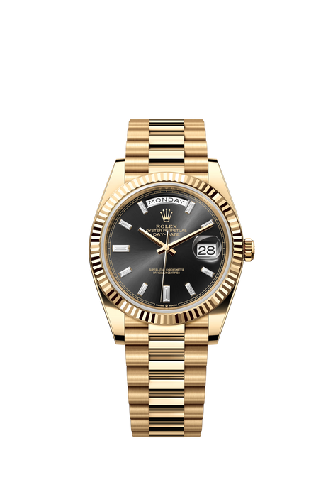 Rolex Day-Date 228238 40mm yellow gold watch with black diamond-set dial and President bracelet