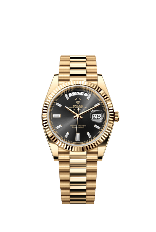 Rolex Day-Date 228238 40mm yellow gold watch with black diamond-set dial and President bracelet