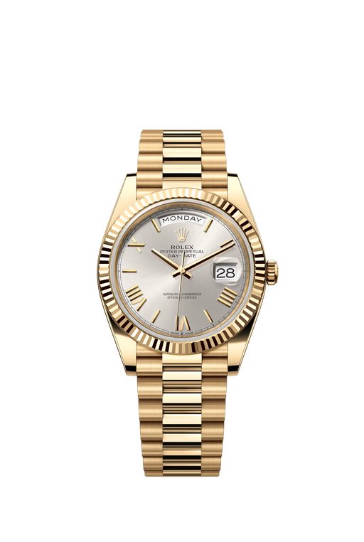 Rolex Day-Date 228238 yellow gold 40mm watch with silver Roman dial and President bracelet