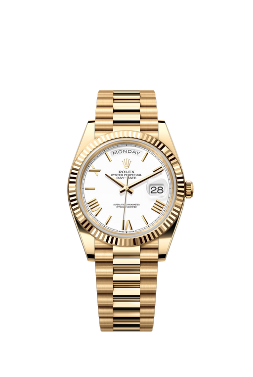 Rolex Day-Date 228238 yellow gold 40mm watch with white Roman dial and President bracelet