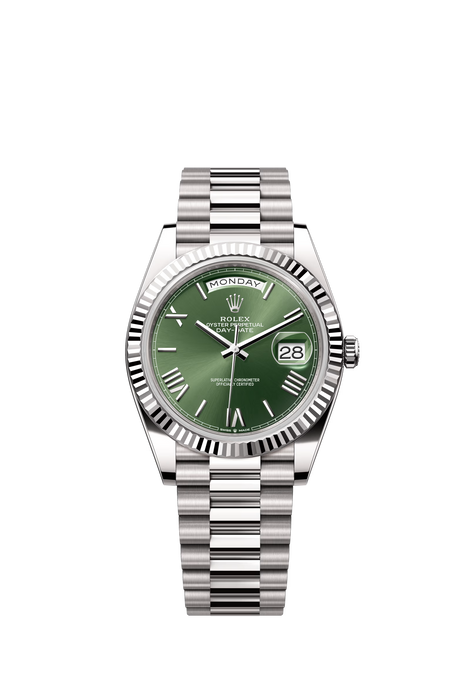 Rolex Day-Date 228239 40mm white gold watch with olive green dial and fluted bezel on President bracelet