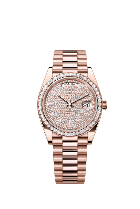 Rolex Day-Date 228345RBR 40mm rose gold watch with diamond-paved dial and diamond-set bezel on President bracelet