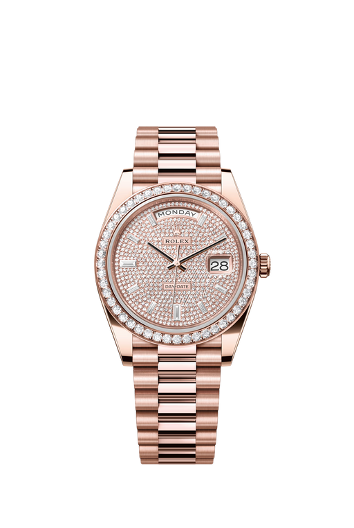 Rolex Day-Date 228345RBR 40mm rose gold watch with diamond-paved dial and diamond-set bezel on President bracelet