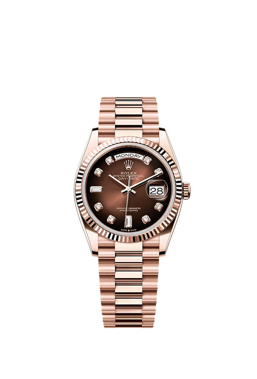 Rolex Day-Date 36 128235 in 18 kt Everose gold with brown ombré diamond-set dial, fluted bezel, and diamond-set President bracelet.
