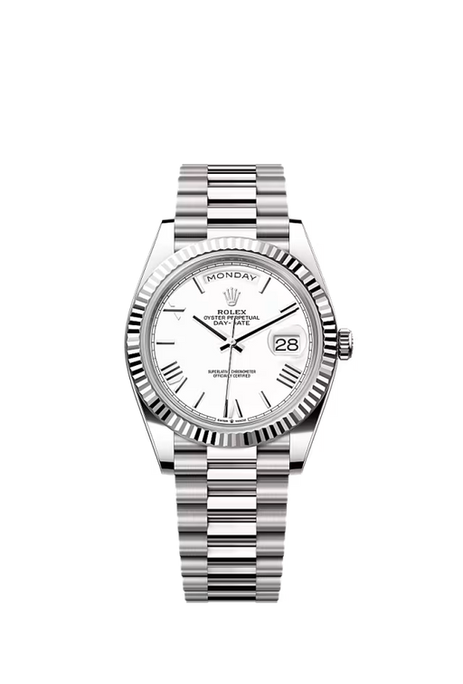 "Rolex Day-Date 40 Ref. 228239 in 18 kt White Gold with white dial and President bracelet."