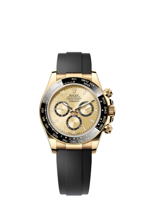Rolex Daytona 126518LN in yellow gold with a 40mm case, golden dial, and black Oysterflex bracelet – a luxurious and sporty chronograph watch.