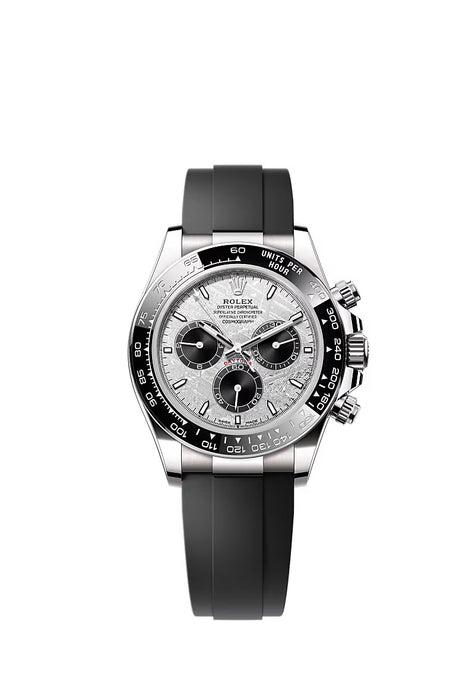 "Rolex Cosmograph Daytona Ref. 126519LN in white gold with meteorite and black dial on Oysterflex bracelet."