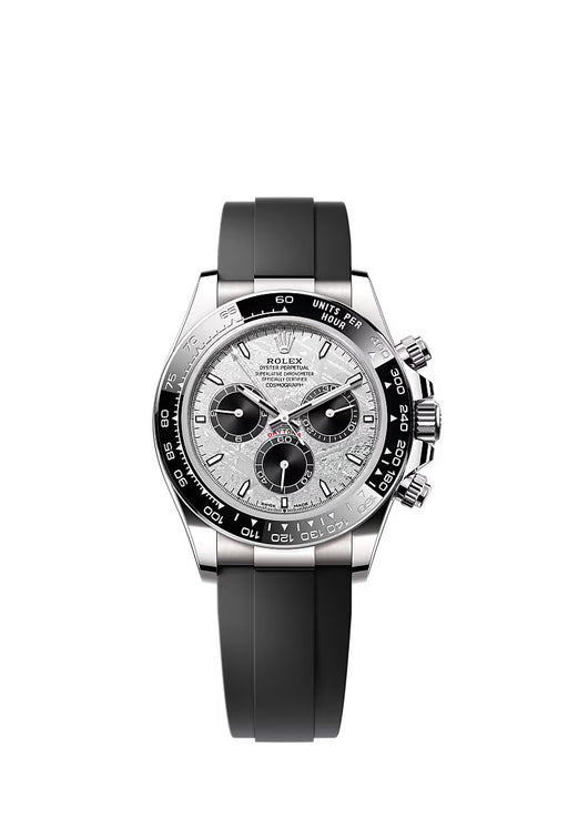 "Rolex Cosmograph Daytona Ref. 126519LN in white gold with meteorite and black dial on Oysterflex bracelet."