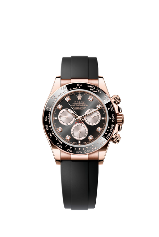 Rolex Daytona 126515LN in Everose gold with bright black and Sundust diamond-set dial and Oysterflex bracelet.