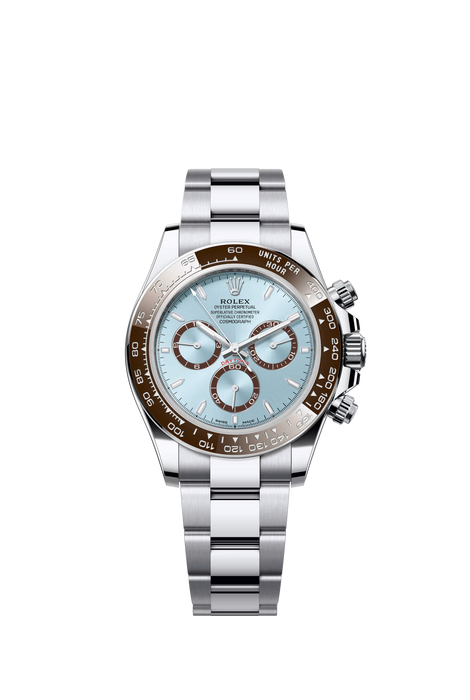 Rolex Daytona 126506 in platinum with 40mm ice blue dial and chestnut brown counter rings, featuring Oyster bracelet and precision chronograph.