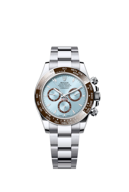 Rolex Daytona 126506 in platinum with 40mm ice blue dial and chestnut brown counter rings, featuring Oyster bracelet and precision chronograph.