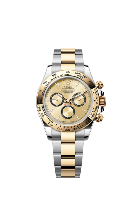 Rolex Daytona 126503 in stainless steel and yellow gold with 40mm yellow gold dial, black counters, and Oyster bracelet.