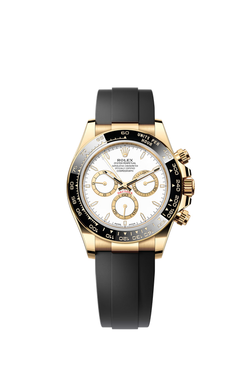 Rolex Daytona 126518LN in yellow gold with 40mm white dial, black ceramic bezel, and Oysterflex bracelet.