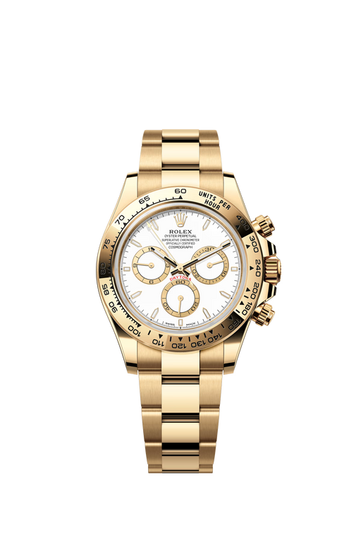 Rolex Daytona 126508 Yellow Gold 40mm White Dial with Oyster Bracelet, mechanical chronograph with 72-hour power reserve.