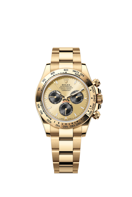 Rolex Daytona 126508 in yellow gold with 40mm golden and black dial, yellow gold tachymeter bezel, and Oyster bracelet.