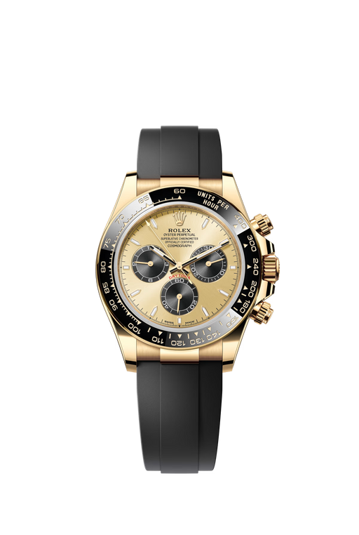 Rolex Daytona 126518LN in 18 kt yellow gold with 40mm golden and black dial, black Cerachrom bezel, and Oysterflex bracelet.