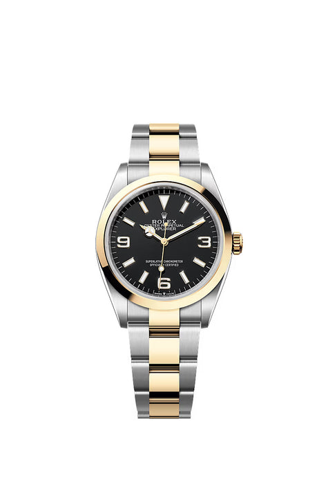 "Rolex Explorer 36 Ref. 124273 in Yellow Gold & Stainless Steel with black dial and Oyster bracelet."