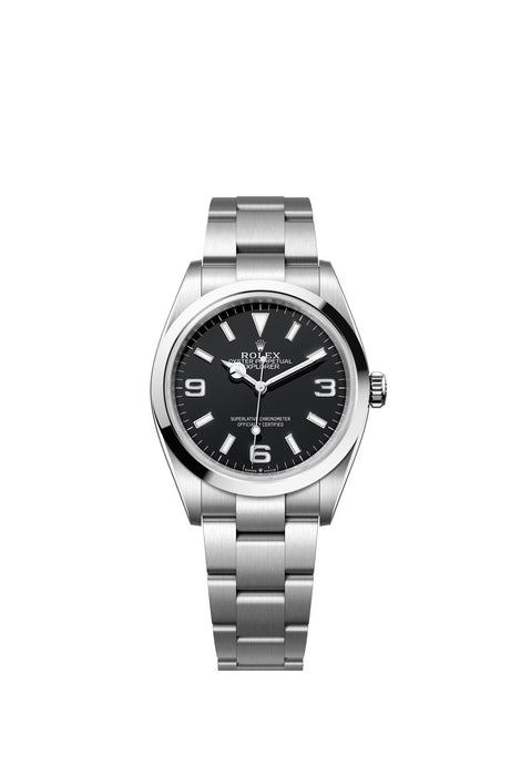 Rolex Explorer 36 124270 luxury watch in stainless steel with a 36mm case, black dial, and Oyster bracelet—designed for precision and durability in all environments.