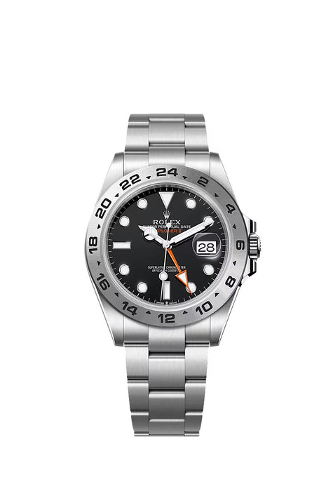 "Rolex Explorer II 42mm in Stainless Steel with black dial and Oyster bracelet."