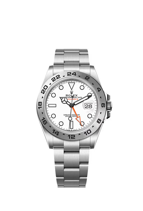 "Rolex Explorer II 42mm in Stainless Steel with white dial and Oyster bracelet."