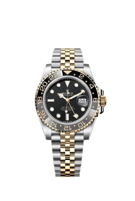 Rolex GMT-Master II 126713GRNR in Yellow Rolesor with black dial and grey/black ceramic bezel on Jubilee bracelet